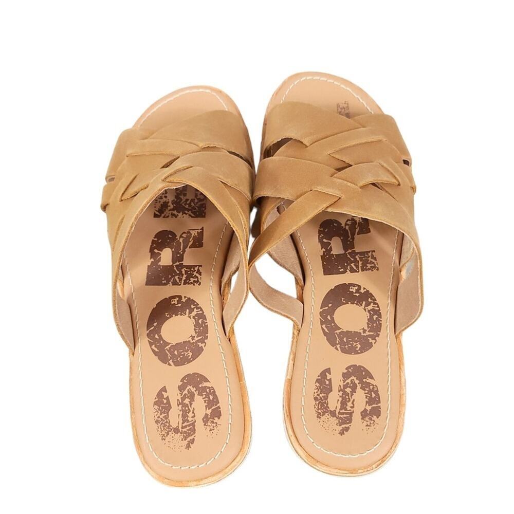 Sorel Ella Slide Sandals in Camel Brown Strappy Leather - Picture 5 of 11